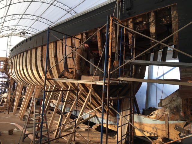 Here just a few frames left to join the new keel to the foredeck.  You can see the grey painted lead ballast scarfed into the wood of the keel.  As of January 18 these frames were complete.