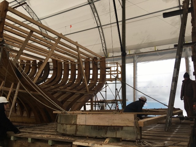 The frames are so big and heavy that the futtocks are assembled into the frames on  location.  Soon the work surface will be moved so the midships frames can be raised on the keel.