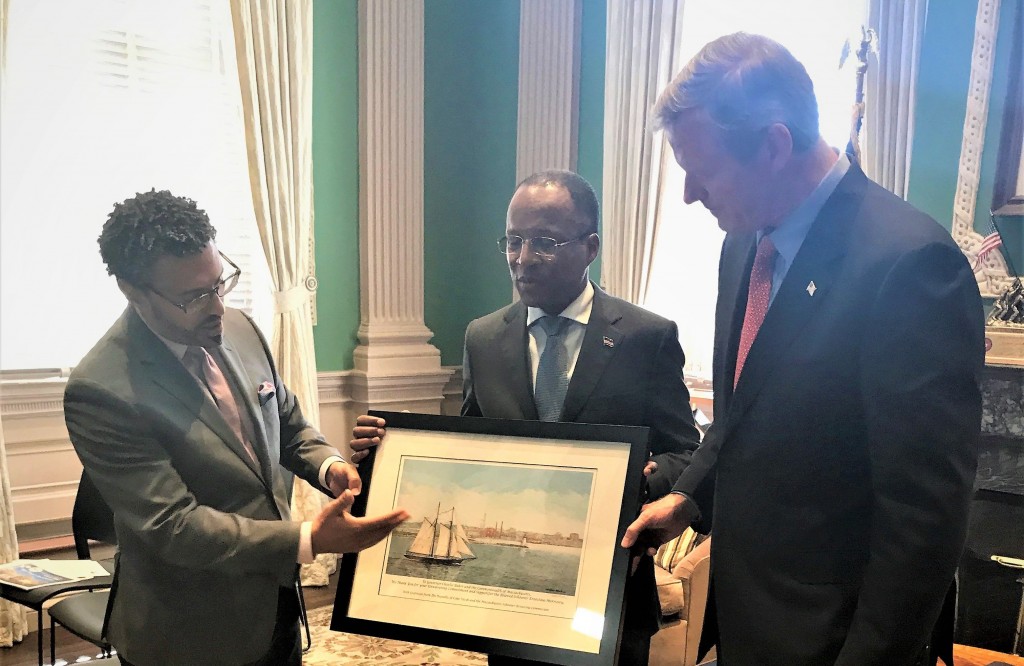 (L to R) Commission chair Licy DoCanto, Cape Verde Prime Minister Ulisses Correia e Silva, and Governor Charlie Baker