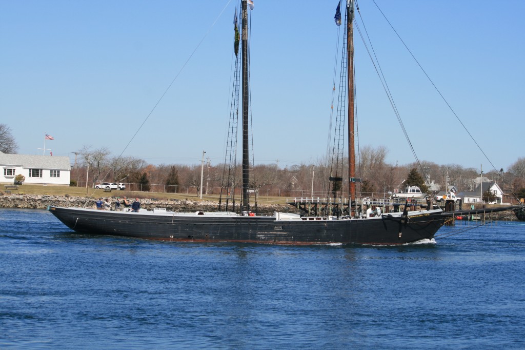Sheer is a term to describe the curve of a vessel's main deck.  You can see in this photo of Ernestina-Morrissey in the Canal on the way to BHS in April 2015 how flat the line of her stern is.  By reconstructing the stern of the boat she now had the traditional sheer of an 1894 Essex schooner.