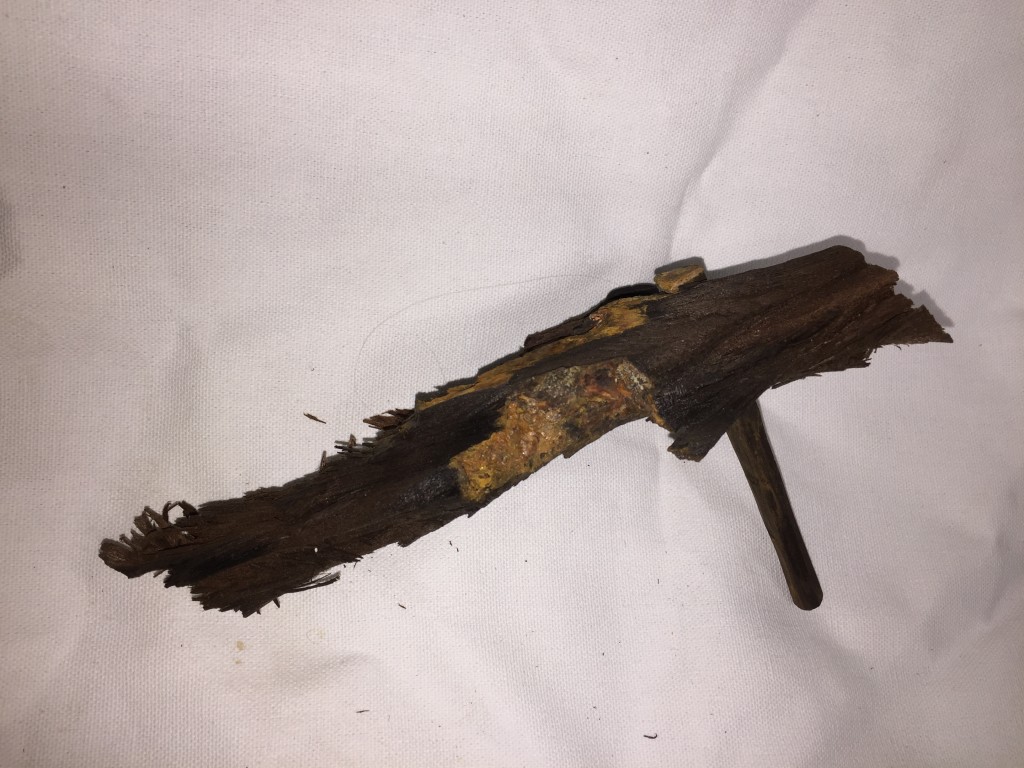 The center of this piece of African hardwood has been degraded by a rusting iron fastening but the peg carved of the same wood is still sound.