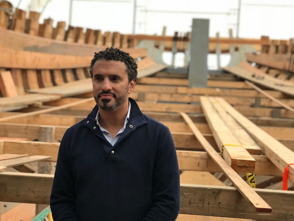 DoCanto inside the hull of the Ernestina-Morrissey, Boothbay Harbor Shipyard, October 2017