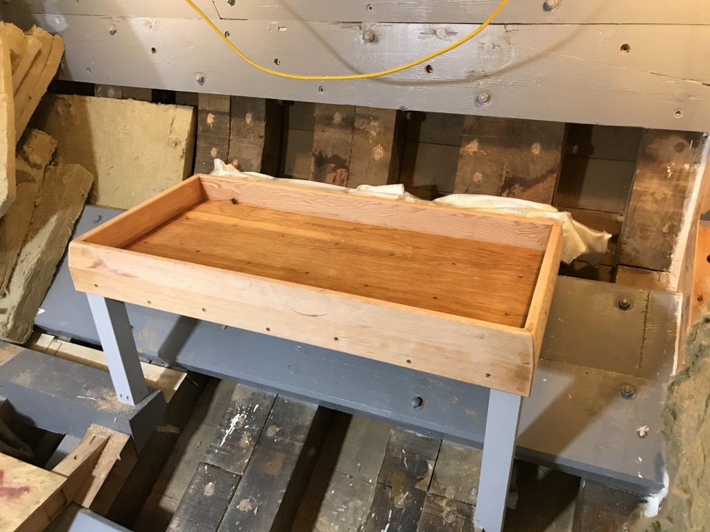 This image shows our newly constructed battery box foundations.  We will be laying fiberglass across the top platform to make the tray watertight according to USCG regulations.  This foundation will secure one of the two 24v battery banks.