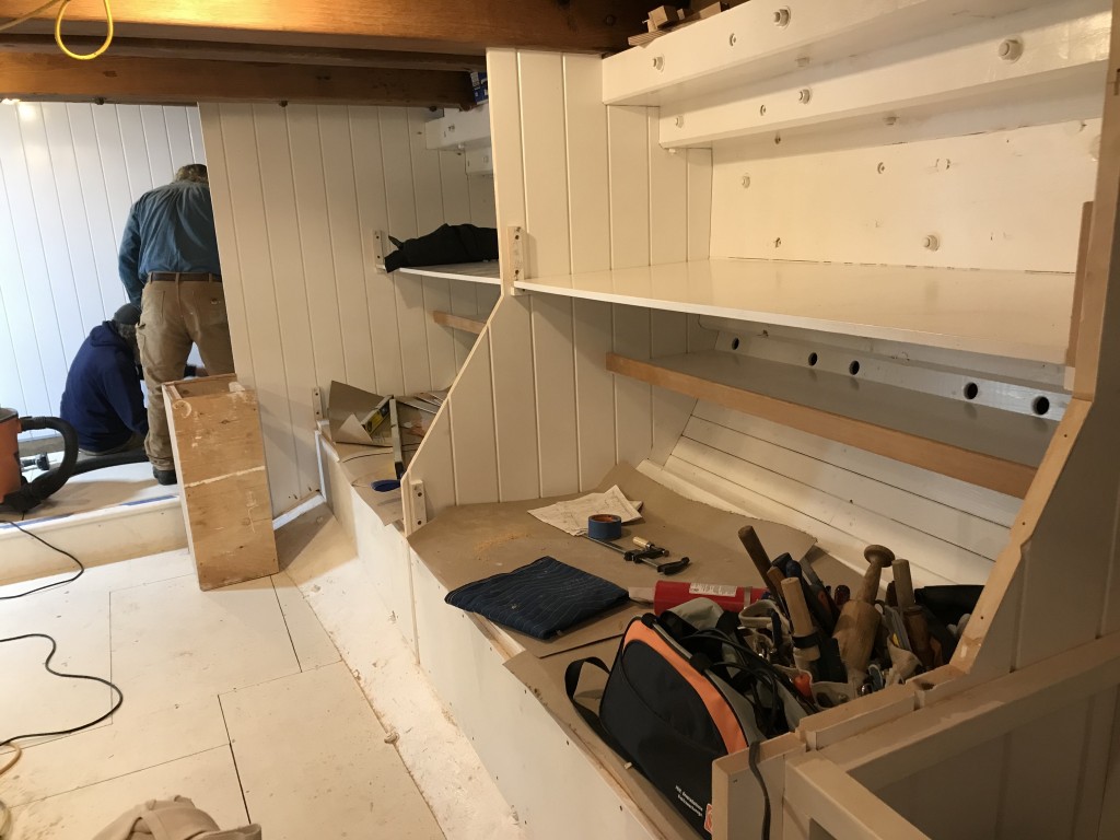Progress continues in the Main Cabin as the team builds out the remaining 20 bunks along the port and starboard sides.  Next week, we will be installing the bunk faces and trim.