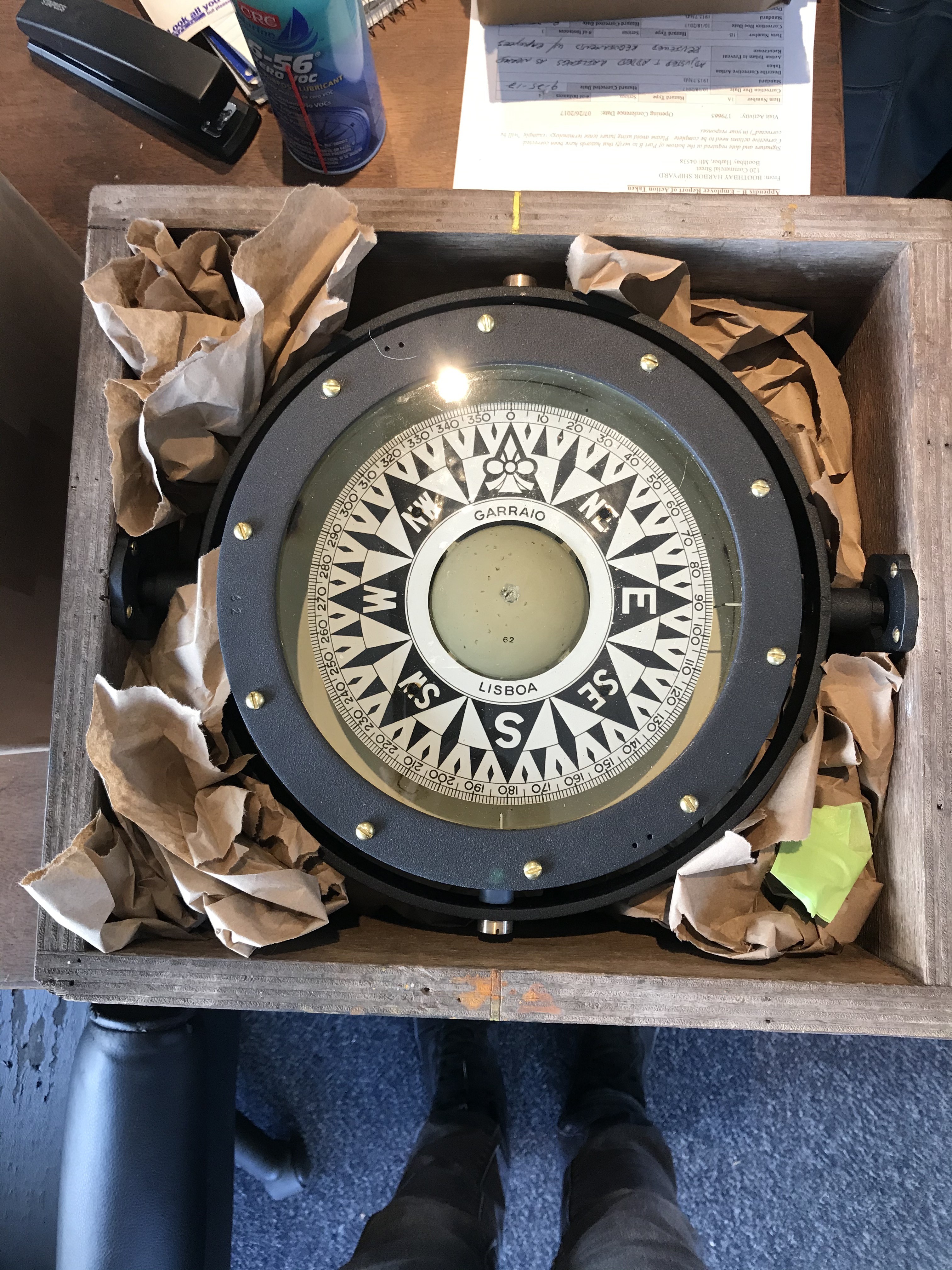 Restored Compass Restored Compass: Viking Instruments of Kingston, MA has recently delivered the freshly restored original ship's compass. Very soon, the original African Mahogany compass box inside the Aft Cabin of Ernestina will be installed and ready to receive this lovely piece of schooner jewelry. Photo Credit: Robert Mitchell of Mitchell Photography