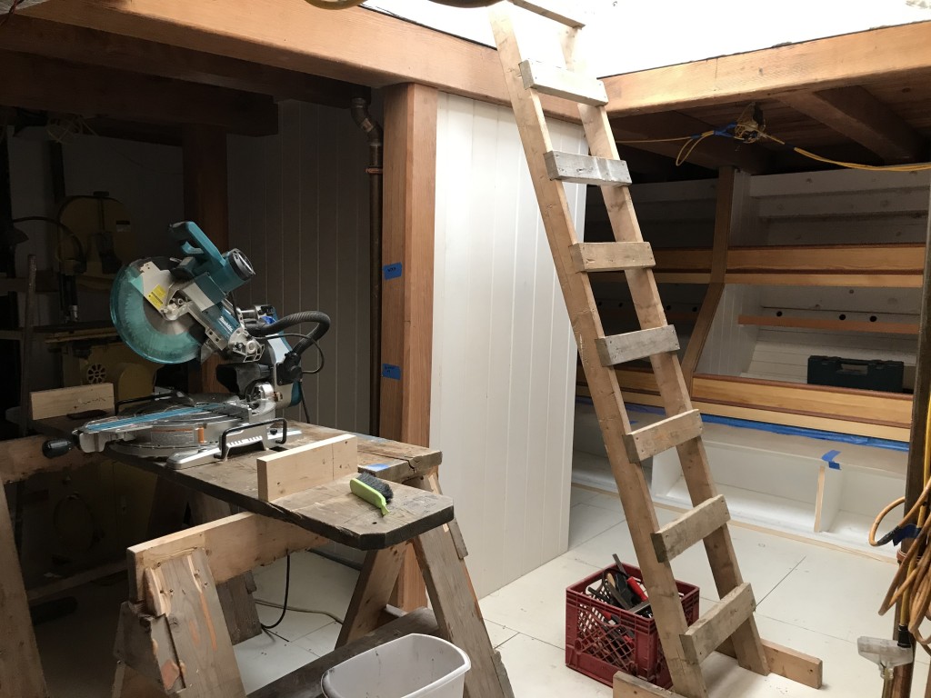 In the center of the Main Cabin the final partition has been installed which will define the final four bunks and storage lockers.
