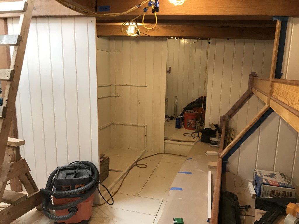 Nearly there!  Just a few steps away from being completely fitted with bunks for a full compliment of 32 sailors.  This is the centerline bunk area inside the Main Cabin.  This area of the ship, at one time the Fish Hold, will now house 16 cadets when underway as a training vessel.