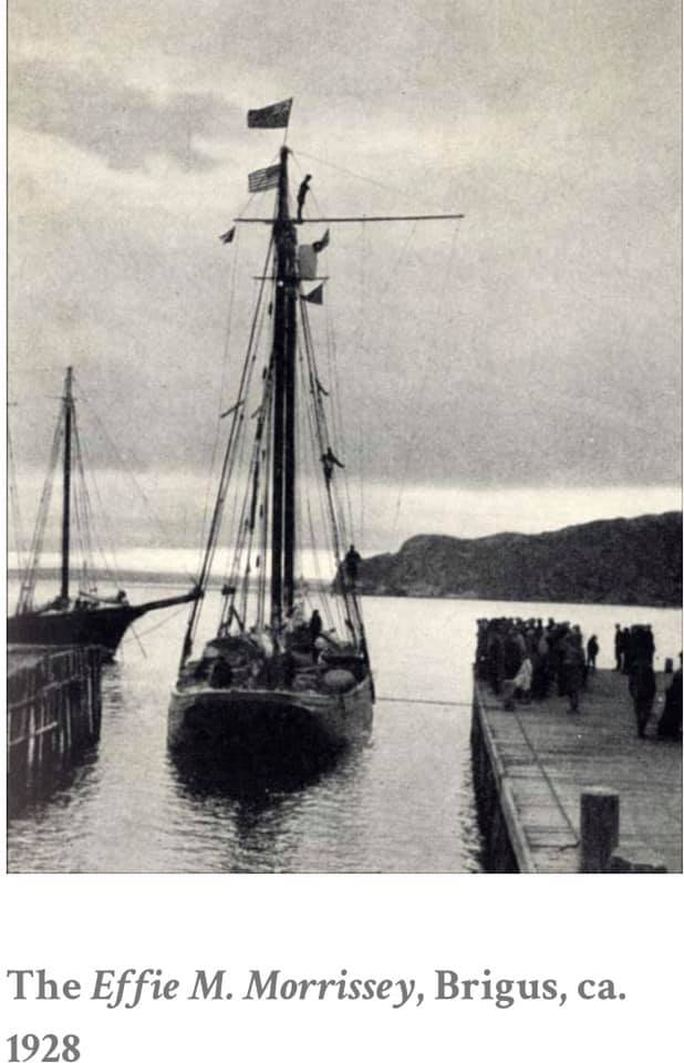 1927 The Morrissey leaving Brigus Harbor for the Arctic with the ice barrel in place for ice navigation.