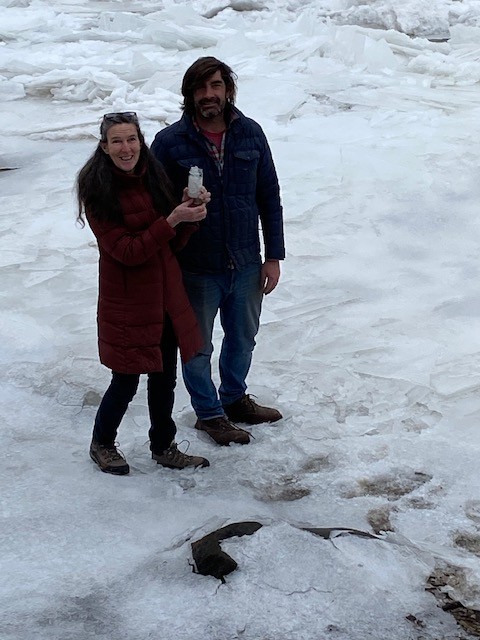 Amanda Madeira and Graham McKay with solid water from the Merrimack River.