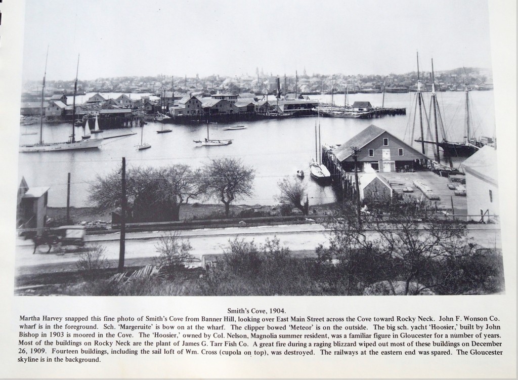 John F. Wonson Wharf, 1904 (four years after "the Blow") Wonson's is in the right foreground, with Rocky Neck forming the far shore of Smith's Cove and the Gloucester skyline in the background.  Photo Credit: Martha Harvey.