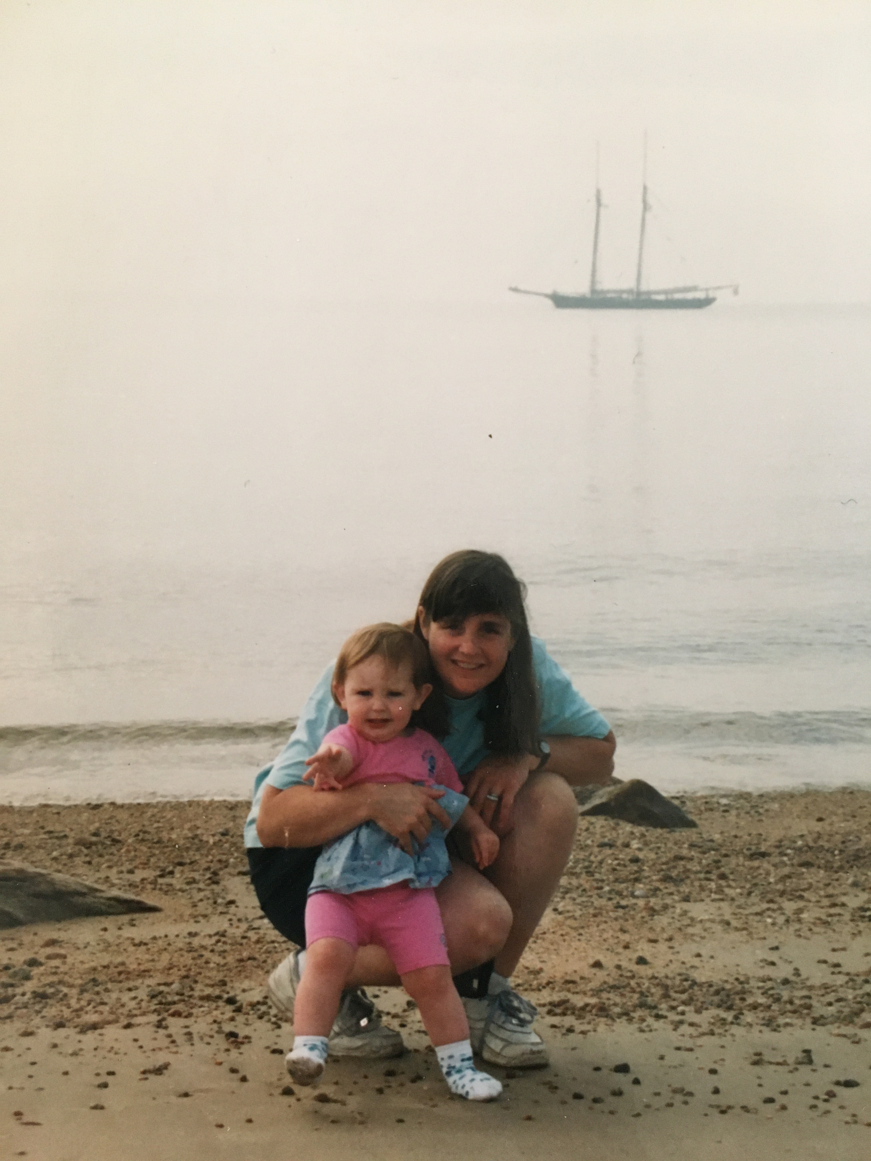 Annie with her daughter Anna, with Ernestina at anchor in the fog.  1998 Ricketson's Point South Dartmouth, MA