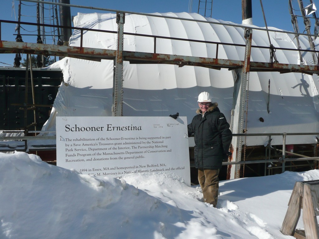 Bob Hildreth in 2009 at the Boothbay Harbor Shipyard during the bow work done then. He has been a tremendous advocate fro and supported of the Ernestina-Morrissey since he first sailed on her from Fan Pier.