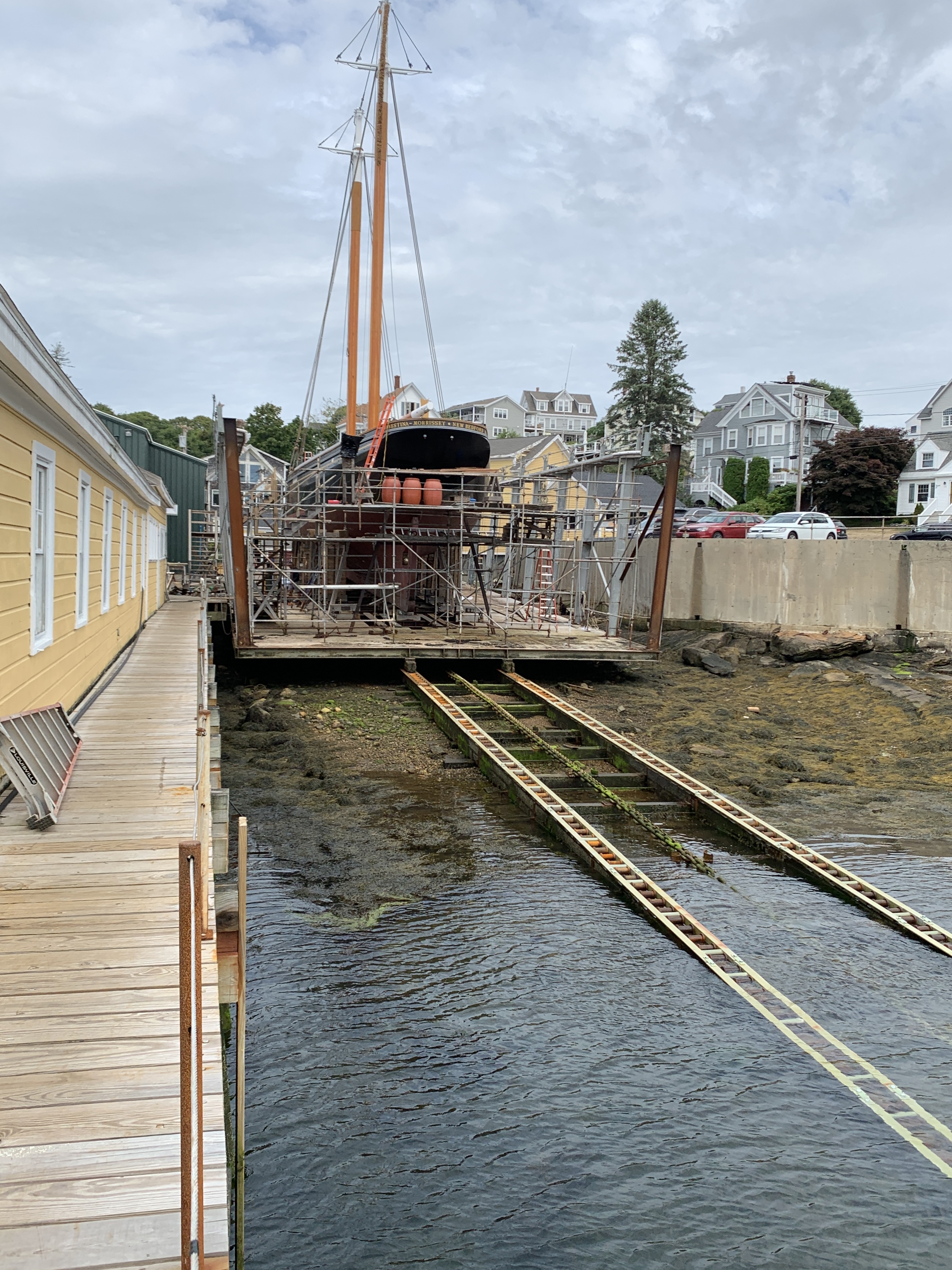 ERnestina-Morrissey will launch stern first. The car will be let down the railway which, during very low tides in early Spring, was been inspected and tuned up n preparation for the launch.